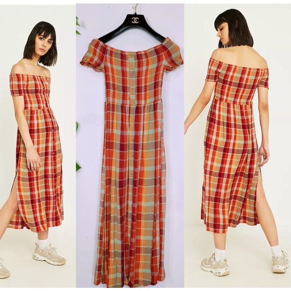 Urban Outfitters Red and Orange Plaid Off-Shoulder Midi Dress